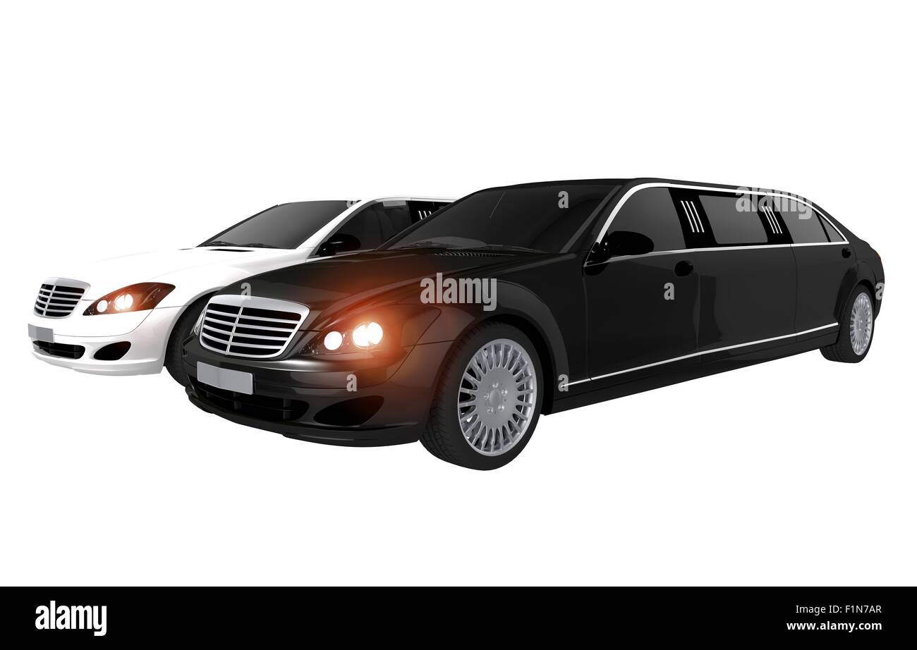 Limousinen Verleih Concept Illustration. Schwarze Limousinen und weiße Limousine Illustration. Stockfoto