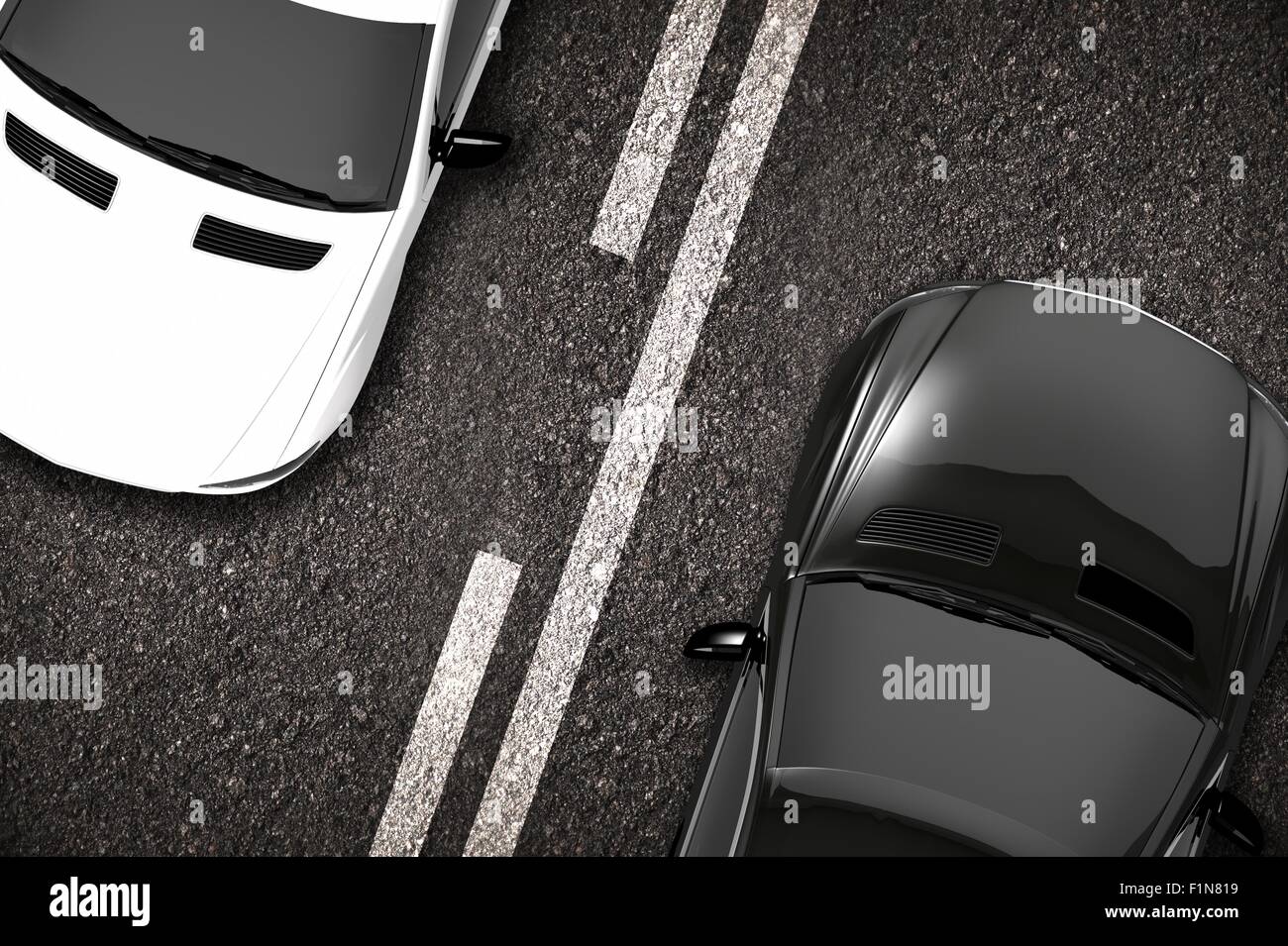 Autos auf der Straße Closeup 3D Illustration. Zwei-Wege-Straße. Stockfoto