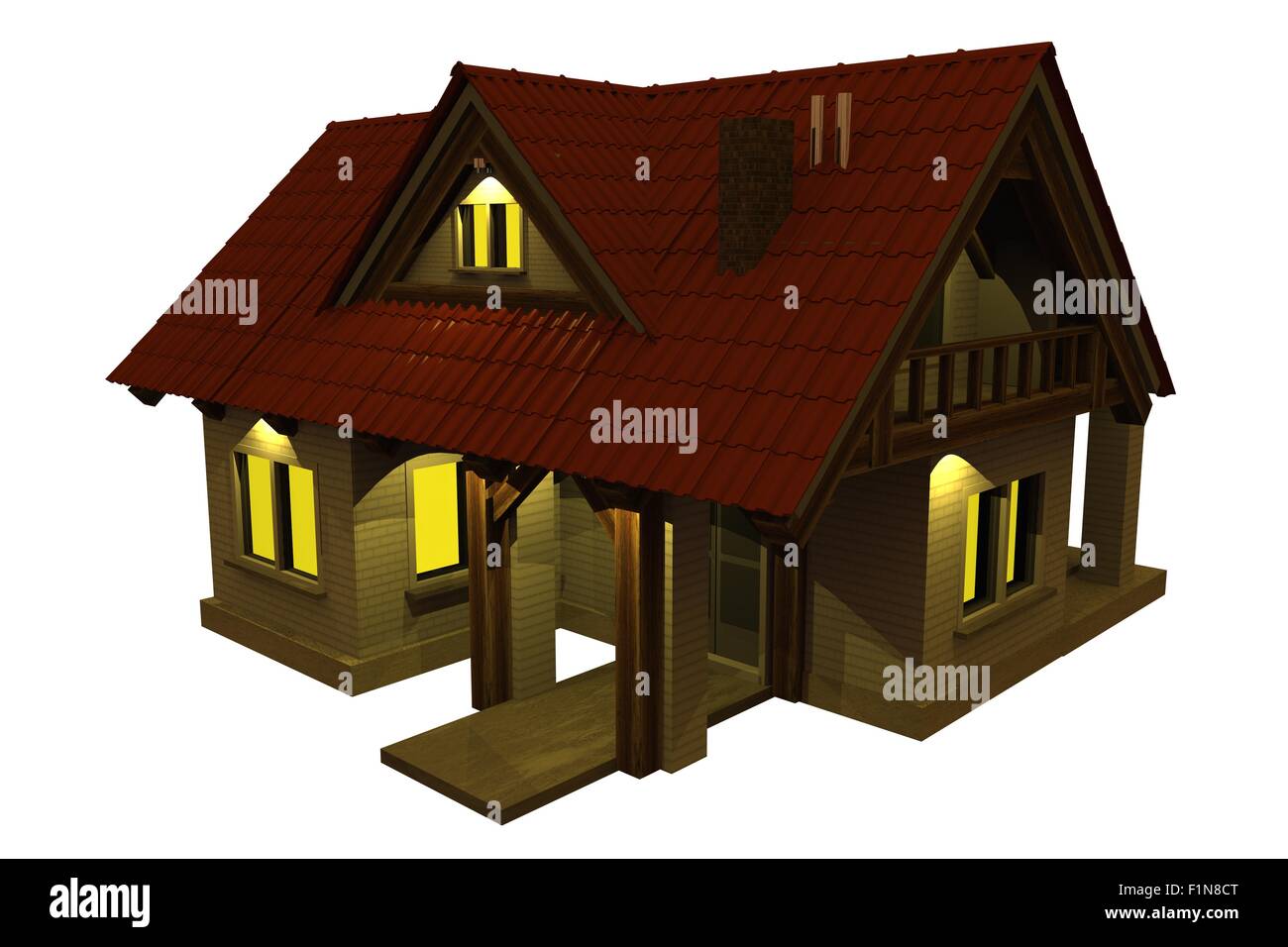 Haus in der Nacht, Isolated on White. Kleines Haus in der Nacht beleuchtet. 3D Illustration. Stockfoto