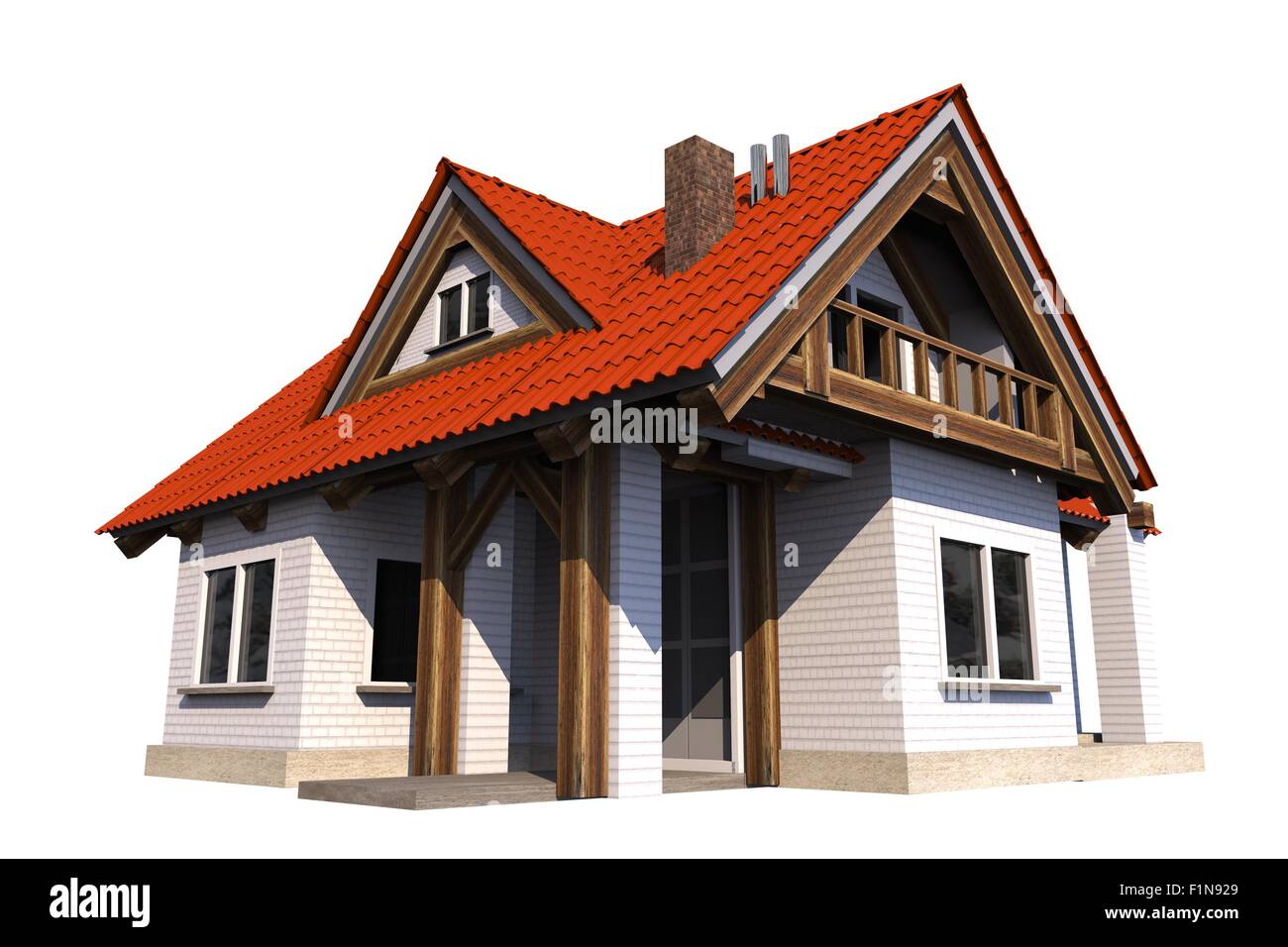 Einfamilienhaus, Isolated on White Background. Kleines Haus 3D Illustration Stockfoto