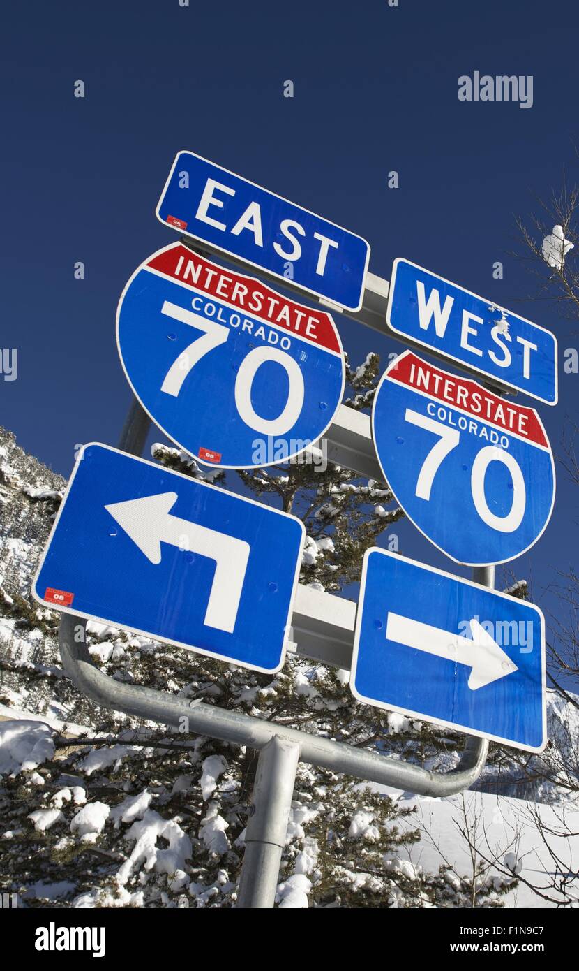 Interstate Highway 70 Colorado Zeichen. Ost und West-Eingang. Stockfoto