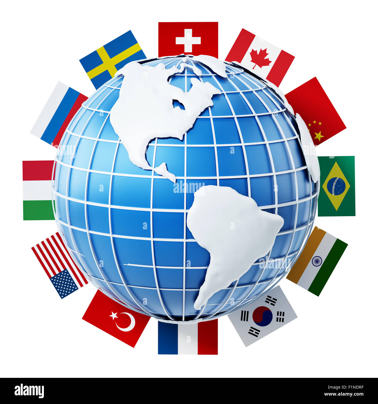 Internationale Länderflaggen auf dem Globus isoliert auf weißem Hintergrund Stockfoto