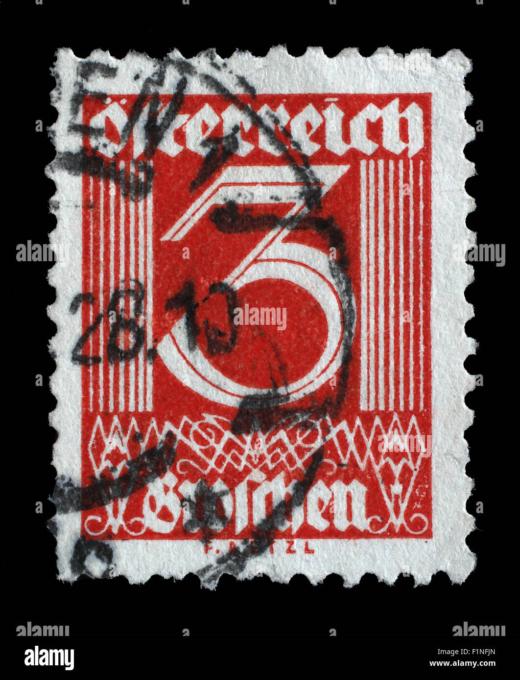 Briefmarke gedruckt in Österreich zeigt Bild der Zahl 3, ca. 1925. Stockfoto