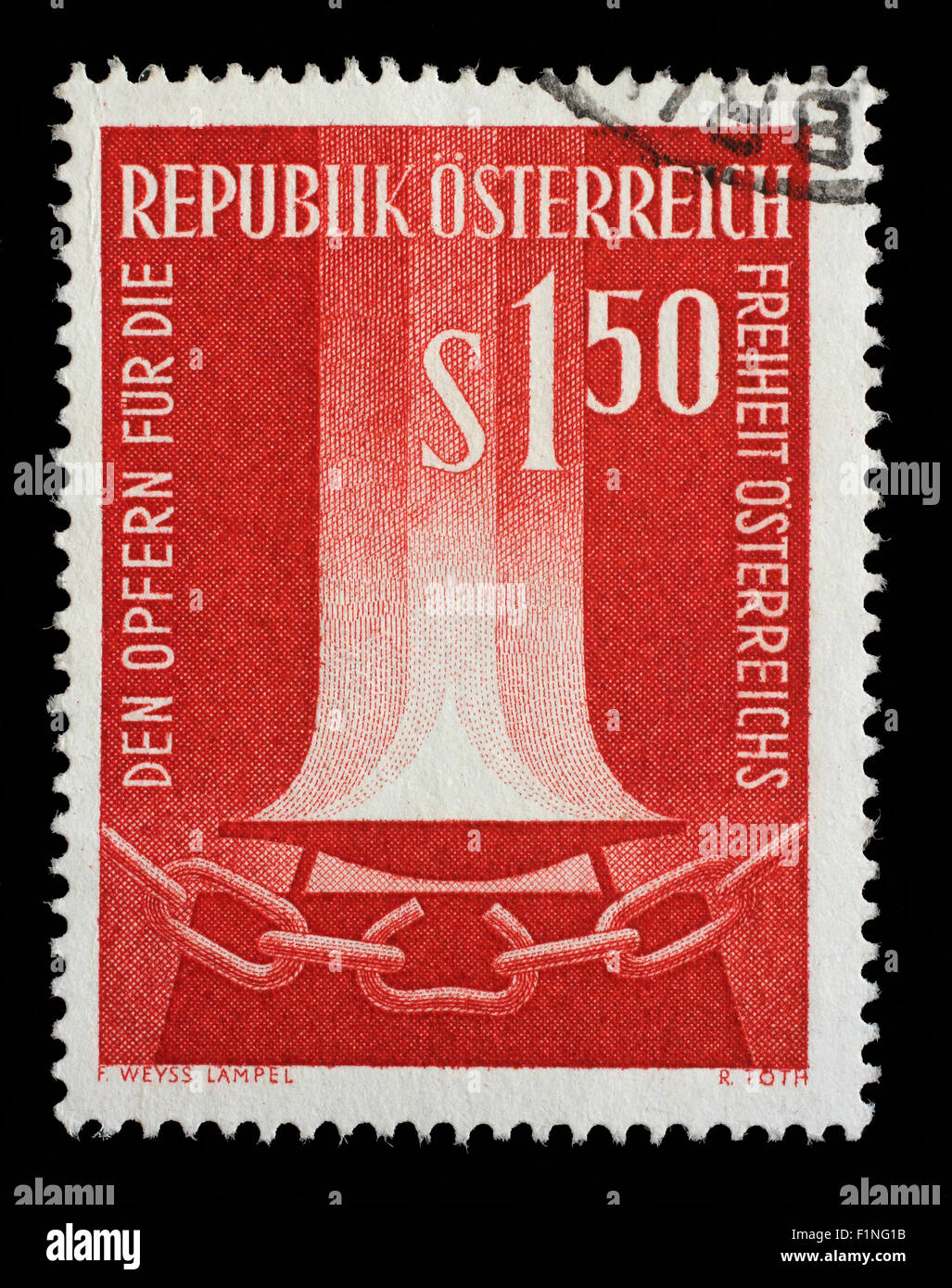 Briefmarke gedruckt durch Österreich, zeigt Flamme und gebrochene Kette, ca. 1961 Stockfoto