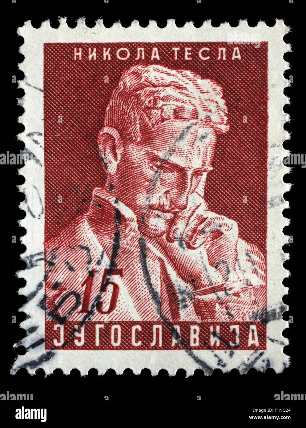 Eine Briefmarke gedruckt im Jugoslawien zeigt Nikola Tesla, Erfinder, 10. Jahrestag des Todes Stockfoto