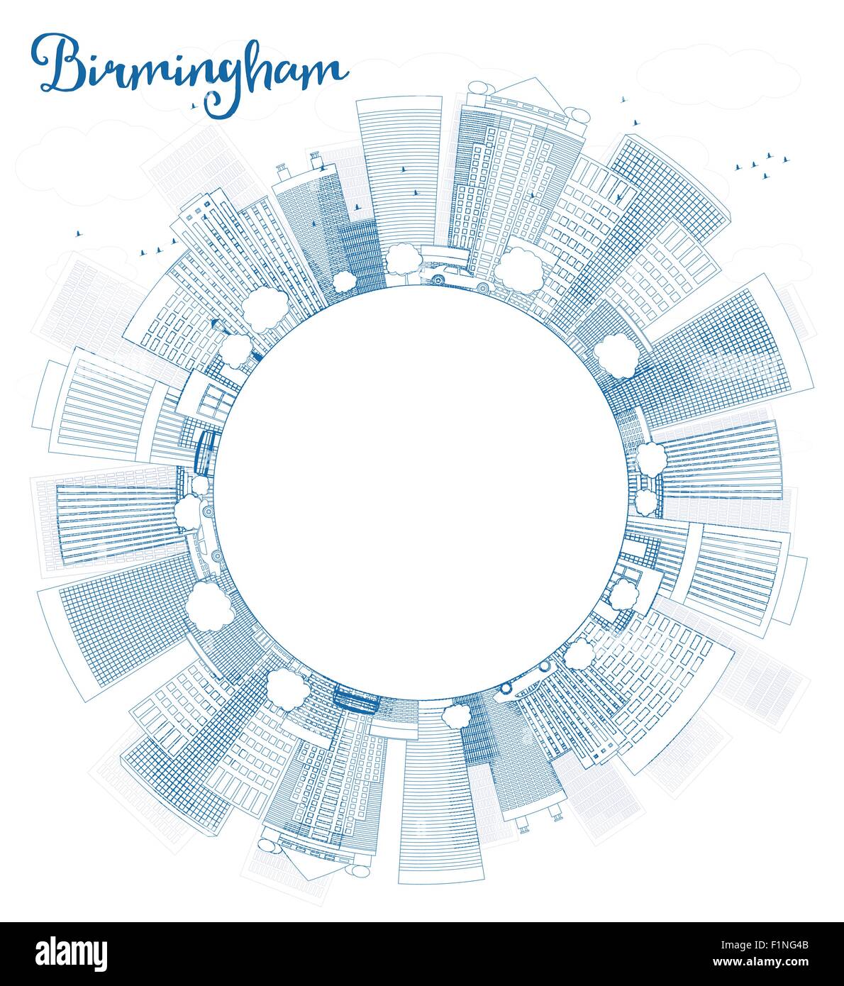 Birmingham (Alabama) Skyline mit dem blauen Gebäude und Kopie Raum zu skizzieren. Vektor-Illustration Stock Vektor