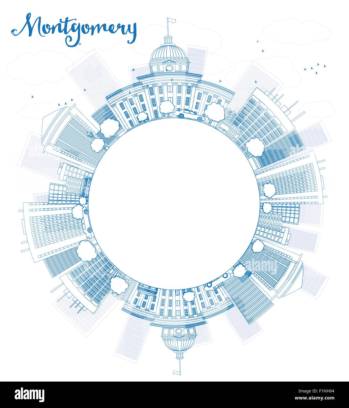 Montgomery Skyline mit Blue-Gebäude und Kopie Raum zu skizzieren. Alabama. Vektor-Illustration Stock Vektor