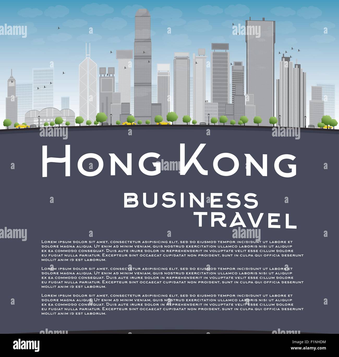 Hong Kong Skyline mit blauem Himmel, Taxi und Kopie Raum. Business Travel-Konzept. Vektor-illustration Stock Vektor