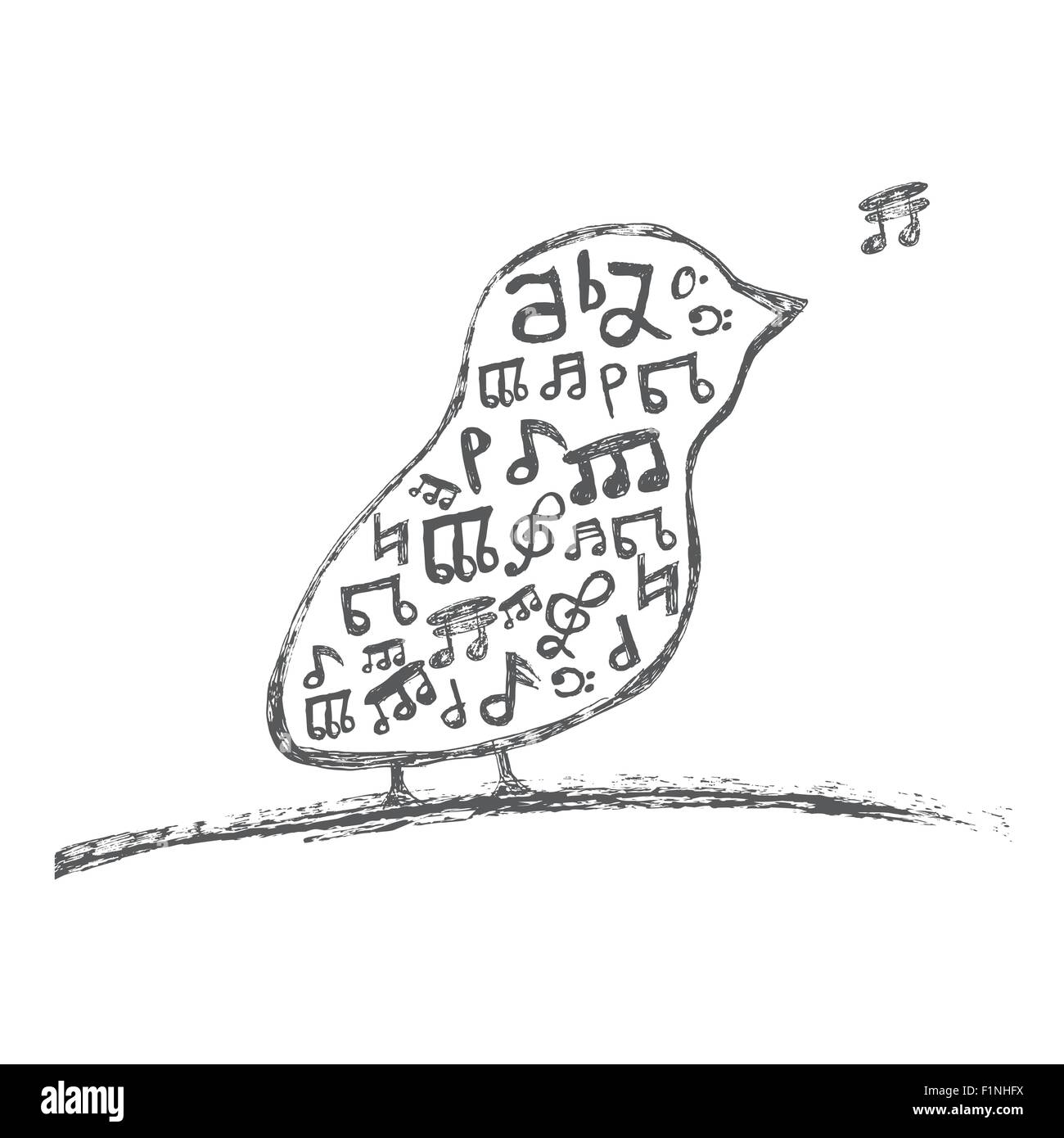 Vogel mit Noten im Inneren. Isoliert auf weißem Hintergrund. Vektor-illustration Stock Vektor