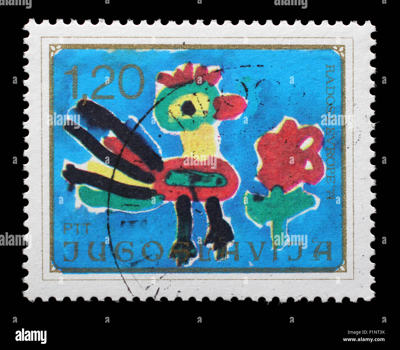 Briefmarke gedruckt in Jugoslawien zeigt Hahn und Blume, Kinder-Zeichnung, Joy of Europe Ausgabe, ca. 1974. Stockfoto