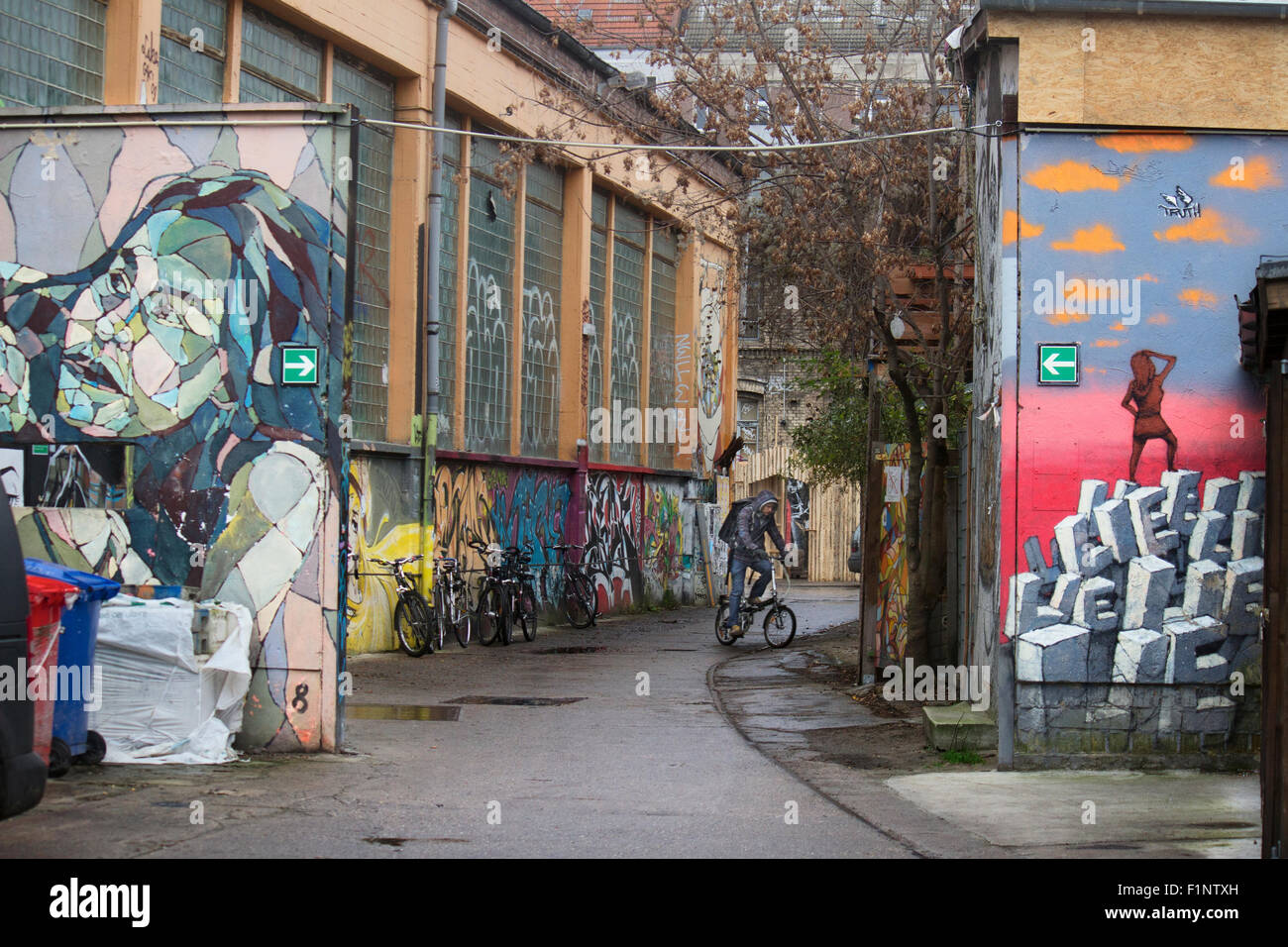 Europa; Deutschland; Berlin; Graffiti; Street-Art; Revaler Str. 99; Revaler Straße; Friedrichshain; Fabrik; Junge; Fahrrad; Straße Stockfoto