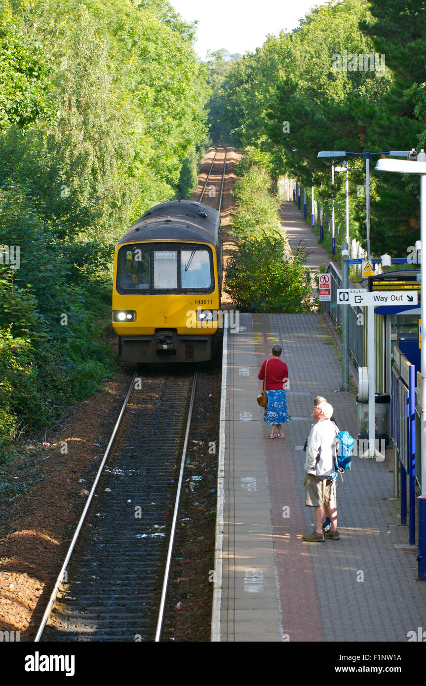 Zug-Ankunft am s-Bahnhof, Devon, UK Stockfoto