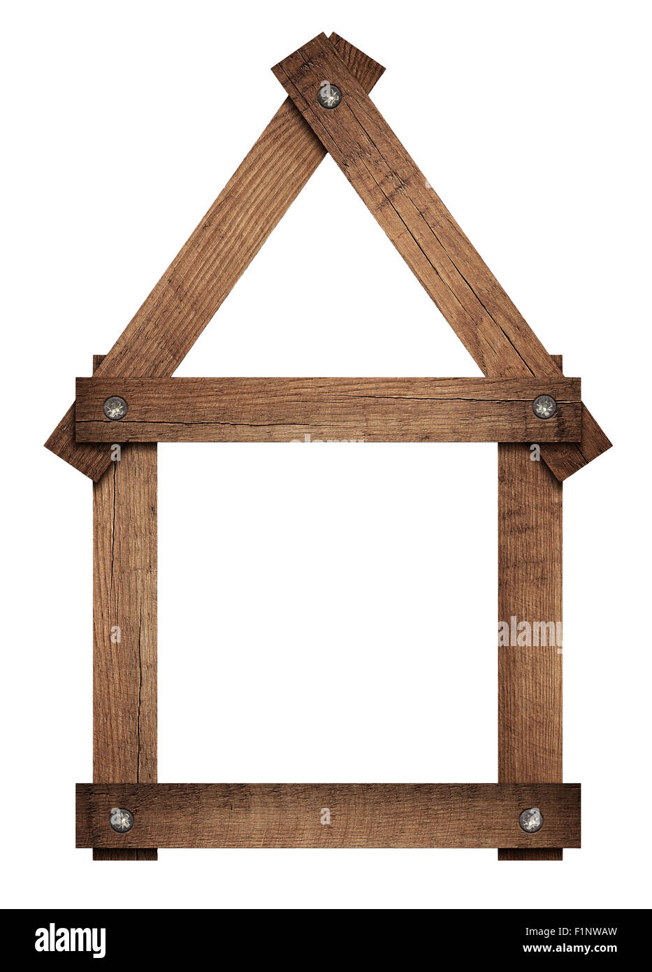 Holzhaus Startseitensymbol geschraubt Rahmen ist Solated auf weißem Hintergrund Stockfoto