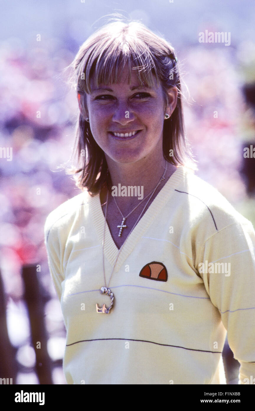 Chris Evert in Aktion bei den Clairol Krone-Tennis-Turnier in La Costa Resort in Carlsbad, Kalifornien im April 1981. Stockfoto