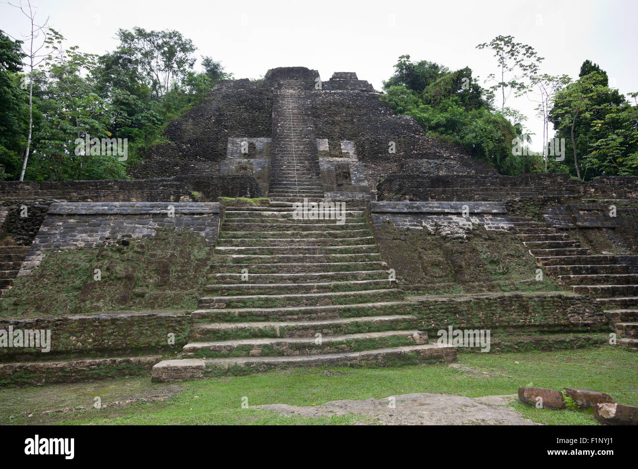 Hohen Tempelpyramide an einem regnerischen Tag in der Maya-Stätte Lamanai in Belize. Stockfoto