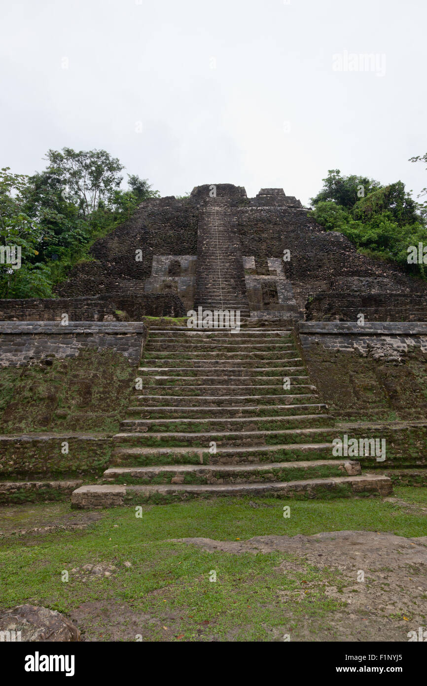 Die alten Rock und Backstein-Struktur der hohen Tempelpyramide befindet sich an der Maya-Stätte Lamanai in Belize. Stockfoto