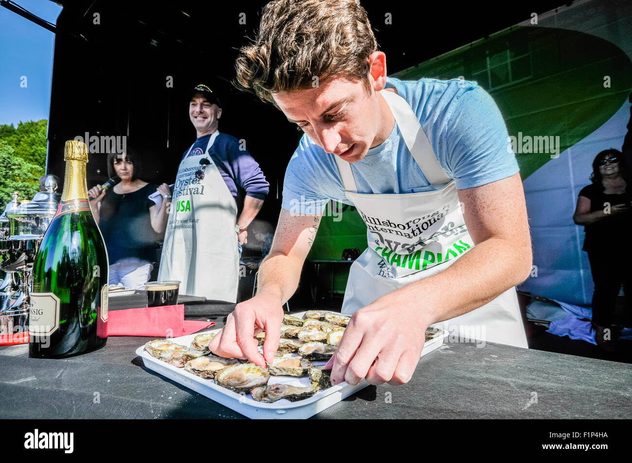 Hillsborough, Nordirland. 5 SEP 2015 - ein Mann bereitet seine Austern vor dem Versuch 30 Austern essen in einer Minute bei einer Auster Wettessen Credit: Stephen Barnes/Alamy Live News Stockfoto
