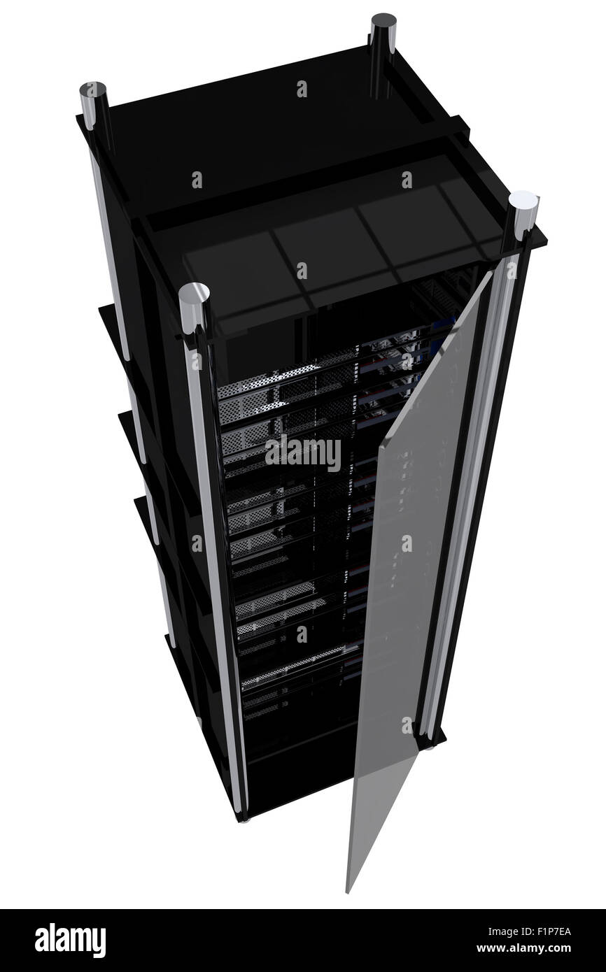 Moderne Server-Rack - schwarz-Hosting-Rack mit Glastür. Viele Server im Inneren. Stockfoto