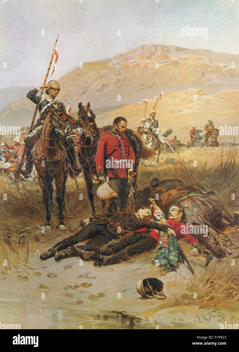 Schlacht von ISLANDLWANA 22. Januar 1879. Eine Patrouille der 17. Lancers entdeckt die Leichen von Leutnants Melville (rechts) und Coghill mit den Farben des 1. Battalion.Painting der Königin von Alphonse de Neuville Stockfoto