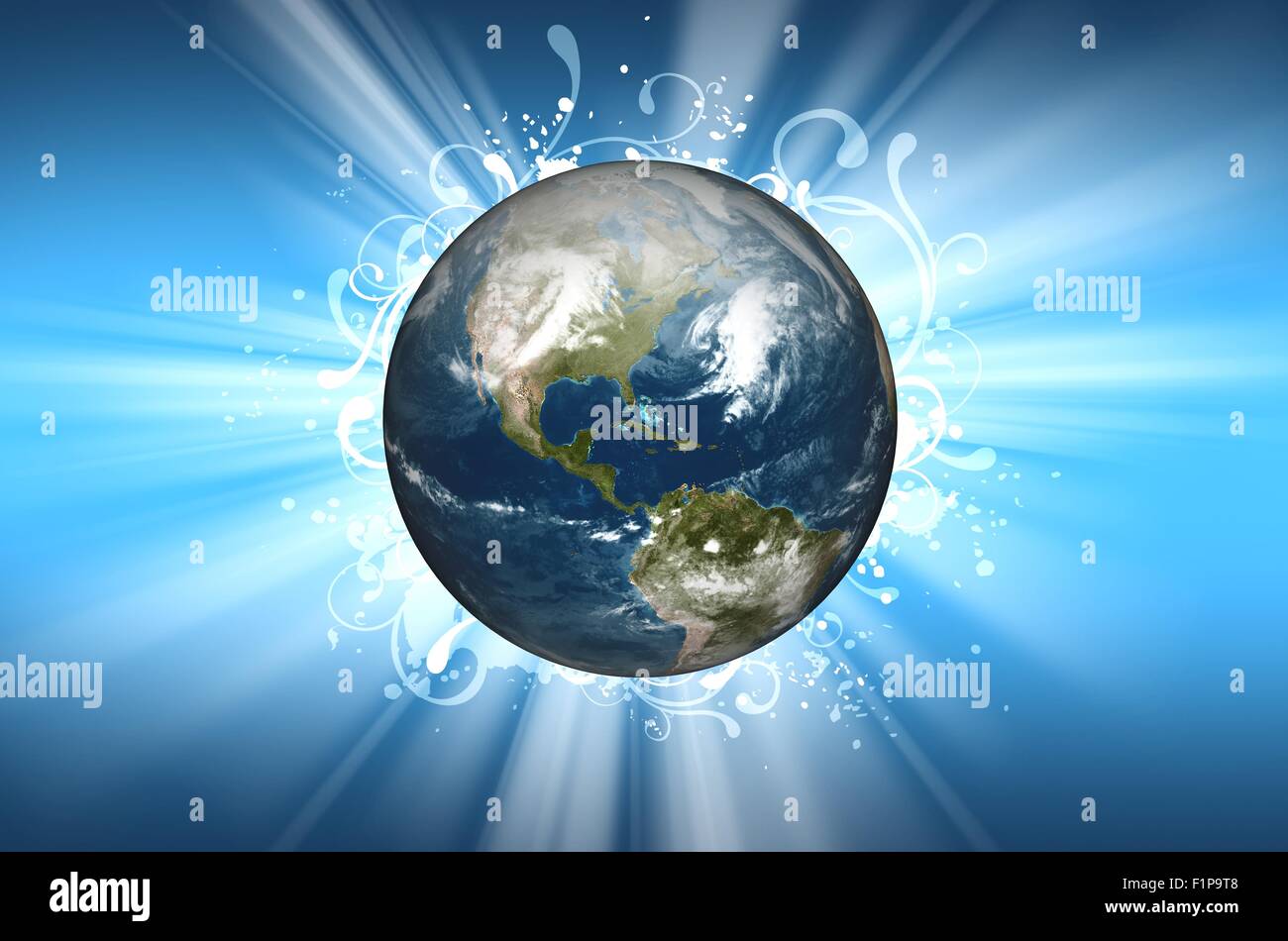 Planet Erde-Hintergrund-Design. Cool Planet Erde in der Mitte, Sonne Licht  und florale Ornamente auf Stockfotografie - Alamy