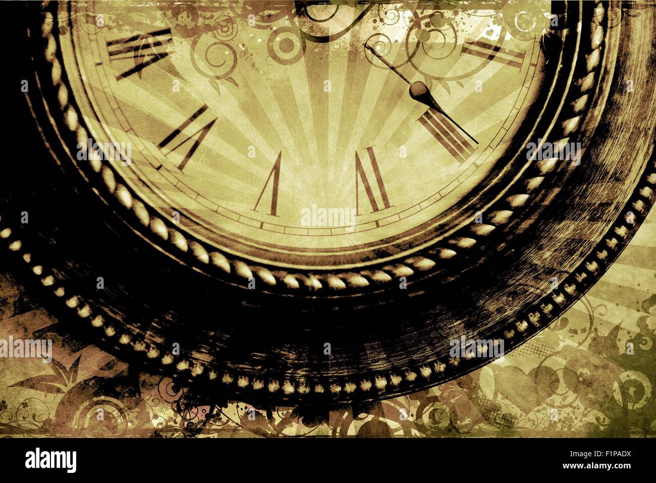 Vintage Uhr Hintergrund mit floralen Ornamenten und Strahlen. Sepia altmodischen Zeit / Clock Theme. Stockfoto