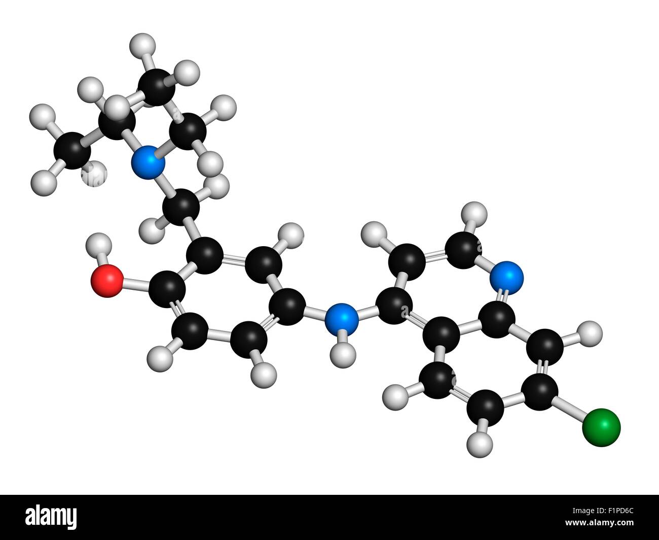 Amodiaquine Anti-Malaria-Medikamentenmolekül Atome werden als Kugeln mit konventionellen Farbkodierung dargestellt: Wasserstoff (weiß) Stockfoto