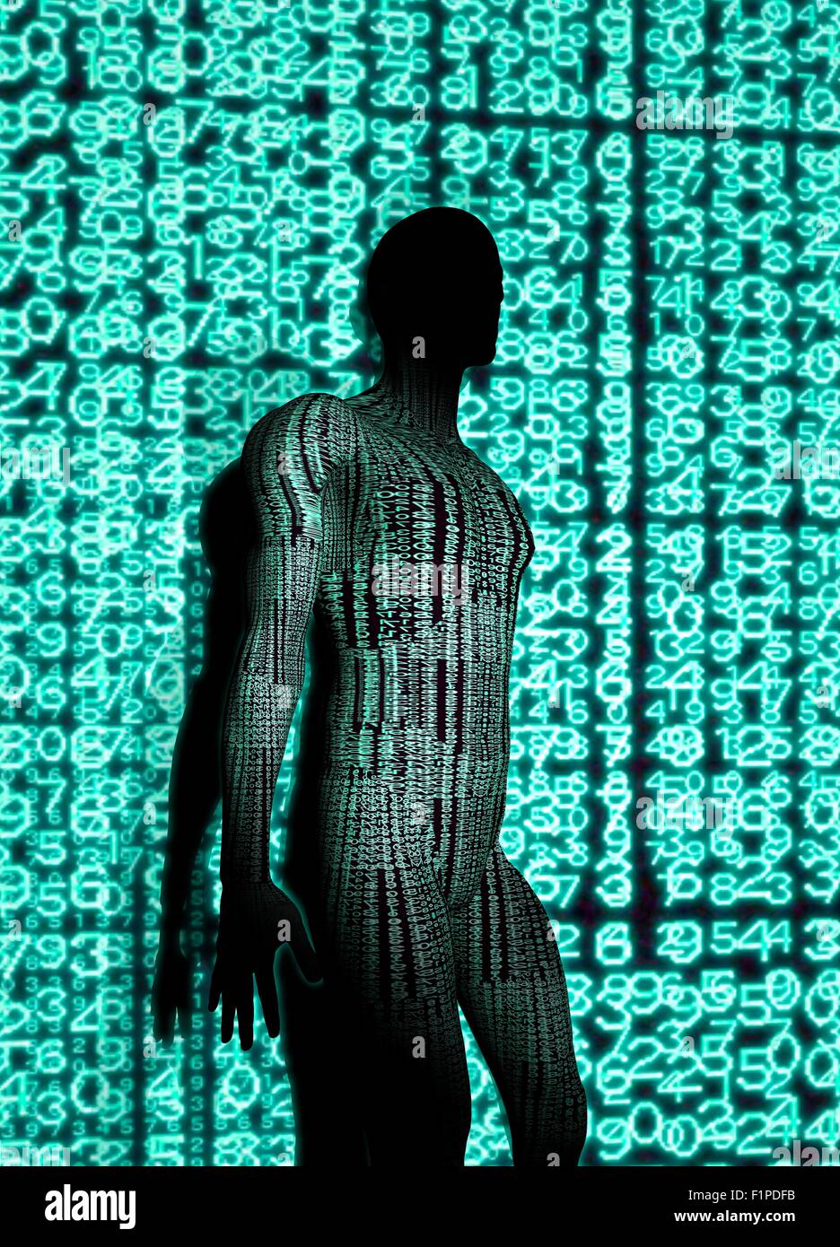 Silhouette einer Person mit Binär-Code, Computer-Abbildung. Stockfoto