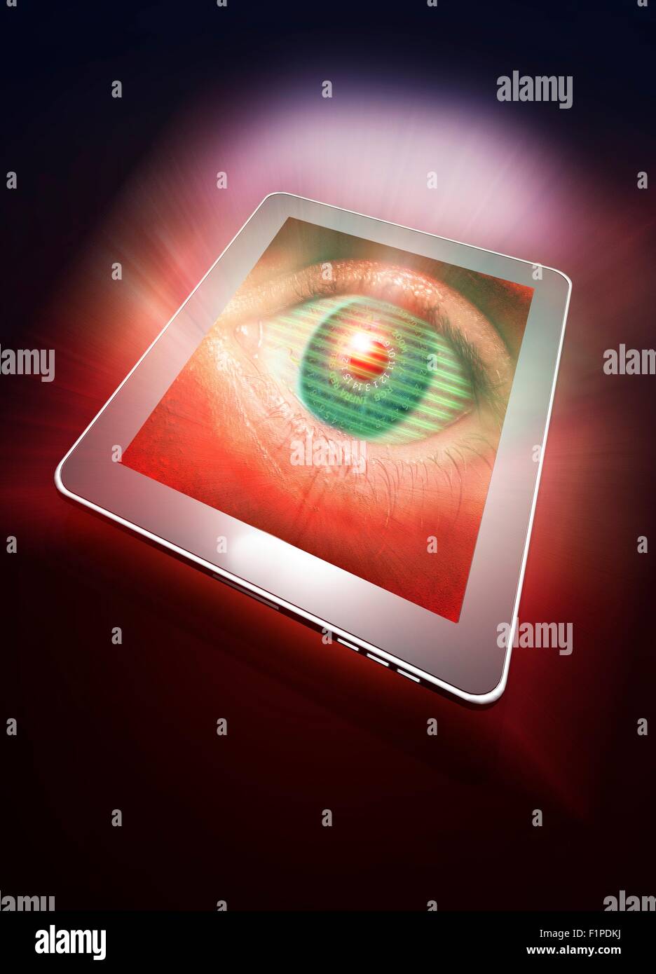 Digital-Tablette mit einem menschlichen Auge auf dem Bildschirm, Computer Bild. Stockfoto