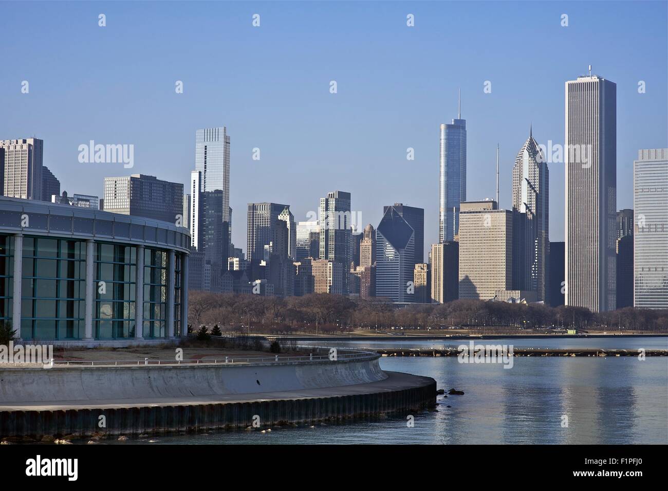 Chicago Skyline East Side - Seepromenade Skyline von Chicago, USA. Horizontale Fotografie Stockfoto