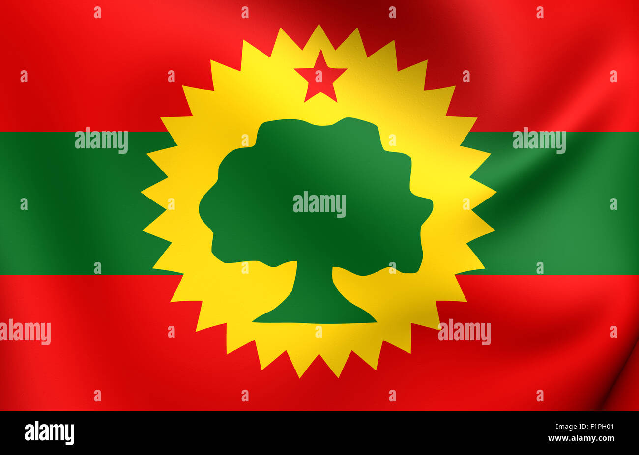 3D Flagge der Oromo-Befreiungsfront. Hautnah. Stockfoto