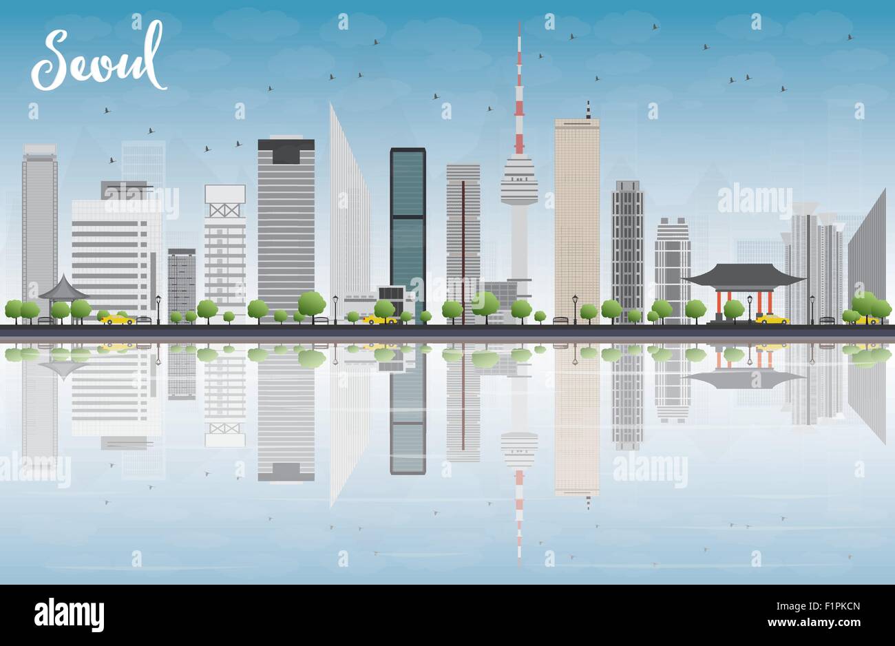 Seoul-Skyline mit grauen Gebäude, blauer Himmel und Reflexionen. Vektor-illustration Stock Vektor