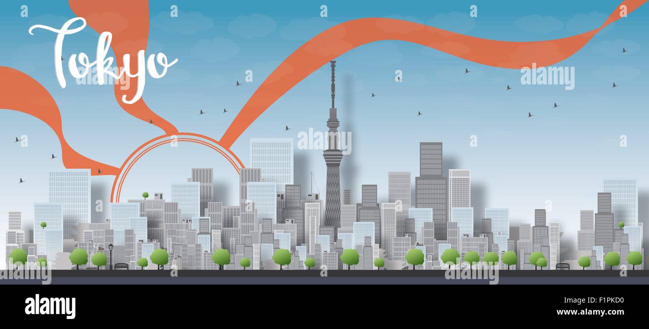 Tokioter Skyline mit Wolkenkratzern und Sonne Vektor-illustration Stock Vektor