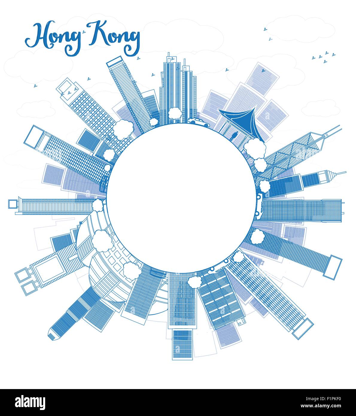 Hong Kong Skyline mit Taxi und Kopie Raum zu skizzieren. Vektor-illustration Stock Vektor