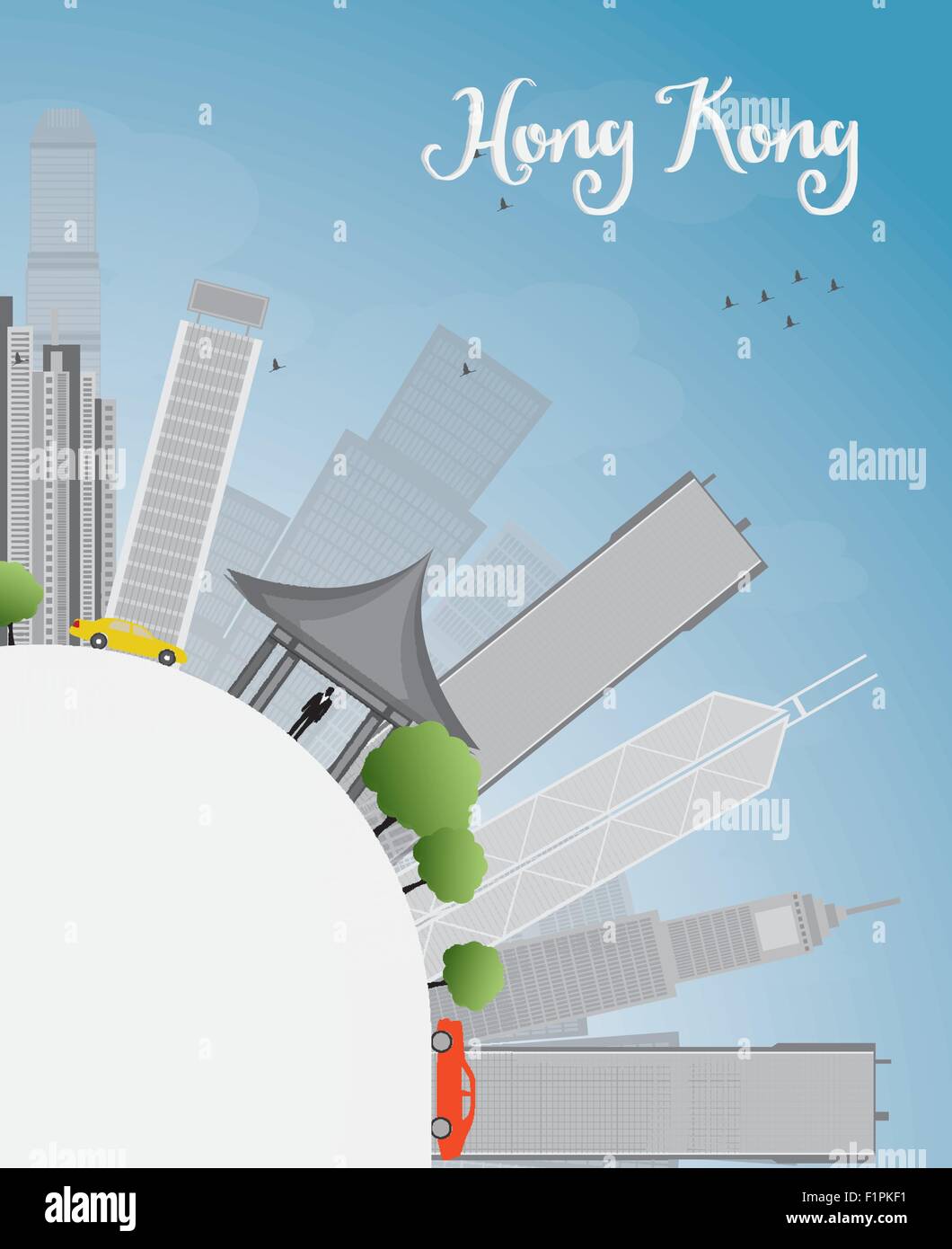 Hong Kong Skyline mit blauem Himmel, Taxi und Kopie Raum. Vektor-illustration Stock Vektor