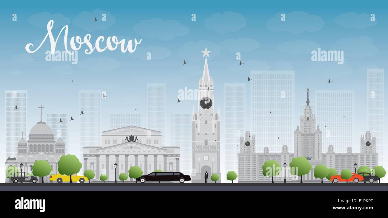 Moskau Stadt Wolkenkratzer und berühmte Gebäude in grauer Farbe Vektor-illustration Stock Vektor