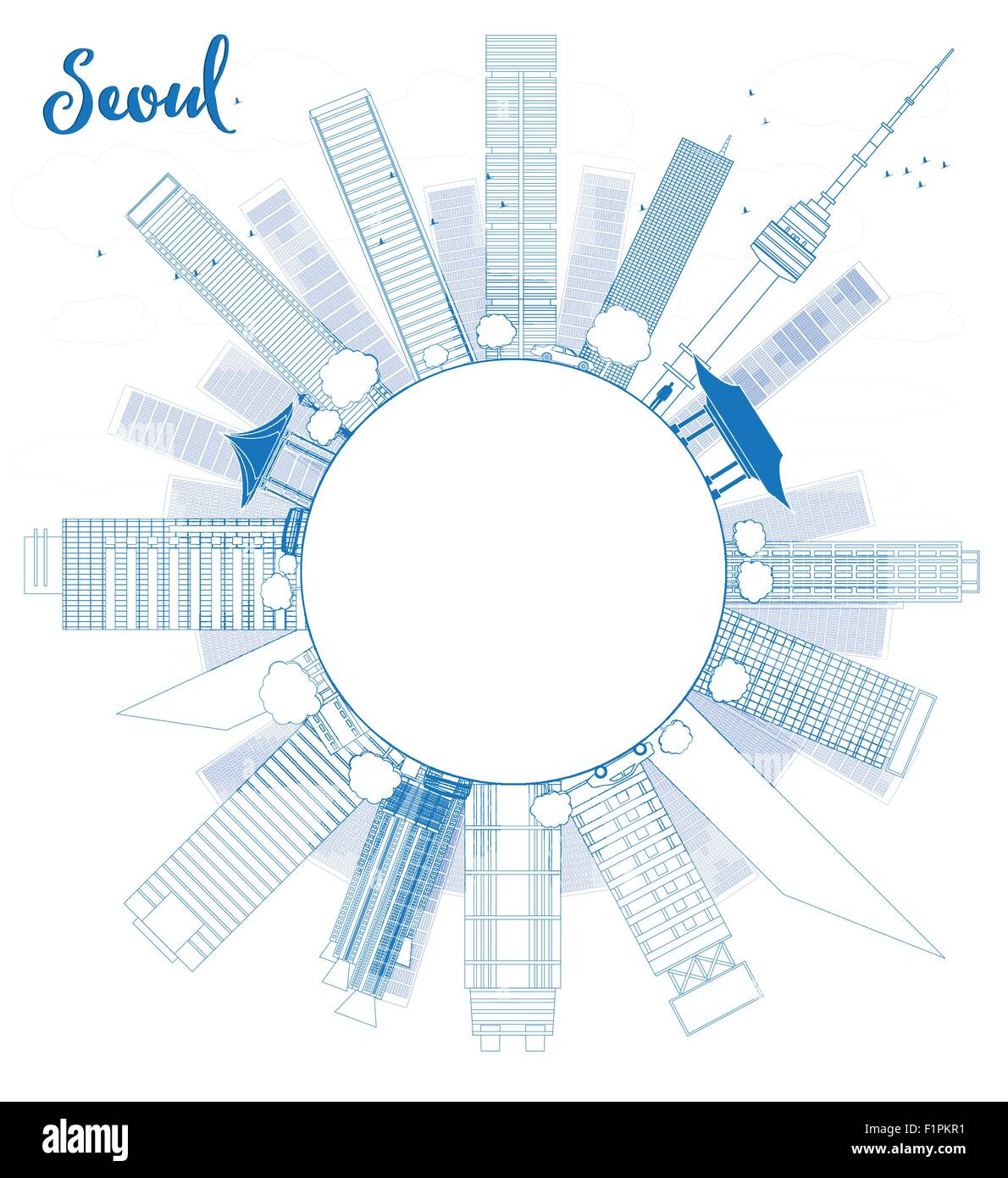 Skizzieren Sie Skyline von Seoul mit blauen Gebäude zu, und kopieren Sie Raum-Vektor-illustration Stock Vektor