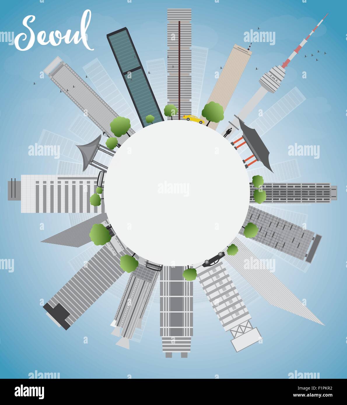 Skyline von Seoul mit grauen Gebäude, blauer Himmel und textfreiraum Vektor-illustration Stock Vektor