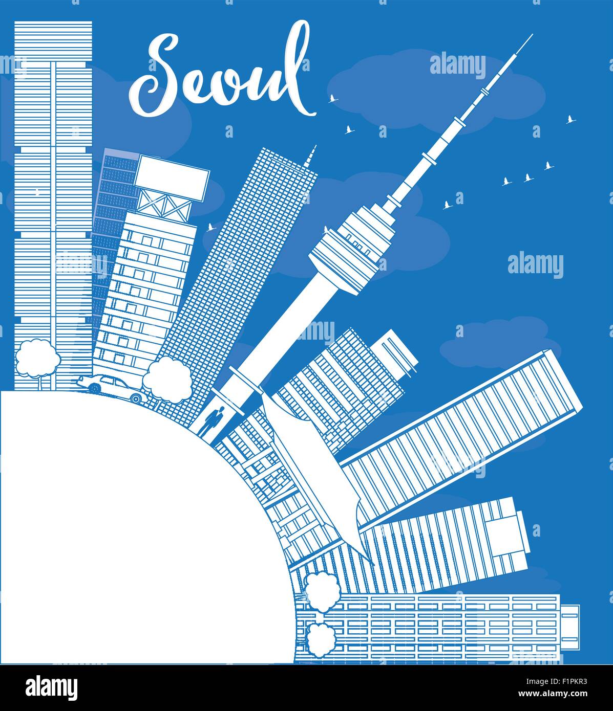 Skizzieren Sie Skyline von Seoul mit blauen Gebäude zu, und kopieren Sie Raum-Vektor-illustration Stock Vektor