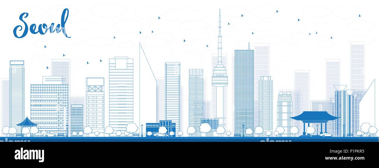 Skyline von Seoul zu skizzieren, mit blauen Gebäude Vektor-illustration Stock Vektor