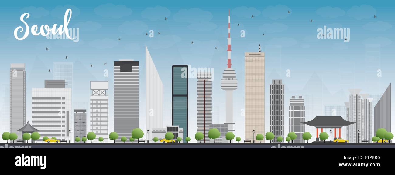Skyline von Seoul mit grauen Gebäude und blauer Himmel Vektor-illustration Stock Vektor