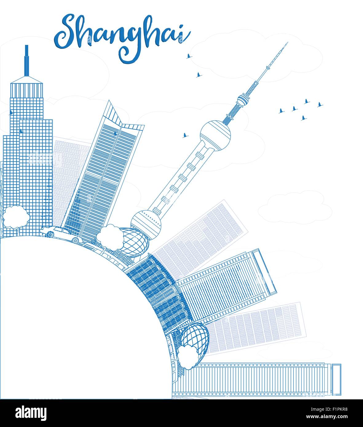 Skyline von Shanghai mit blauen Wolkenkratzer zu skizzieren. Vektor-Illustration mit Textfreiraum Stock Vektor