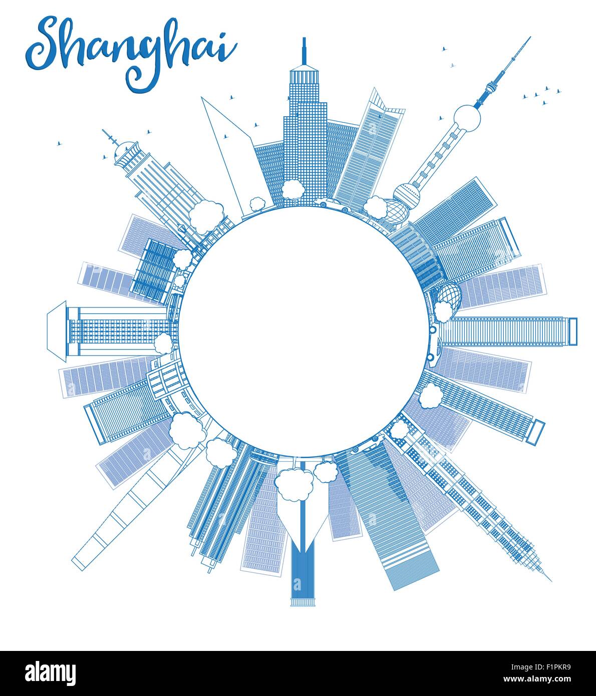 Skyline von Shanghai mit blauen Wolkenkratzer zu skizzieren. Vektor-Illustration mit Textfreiraum Stock Vektor