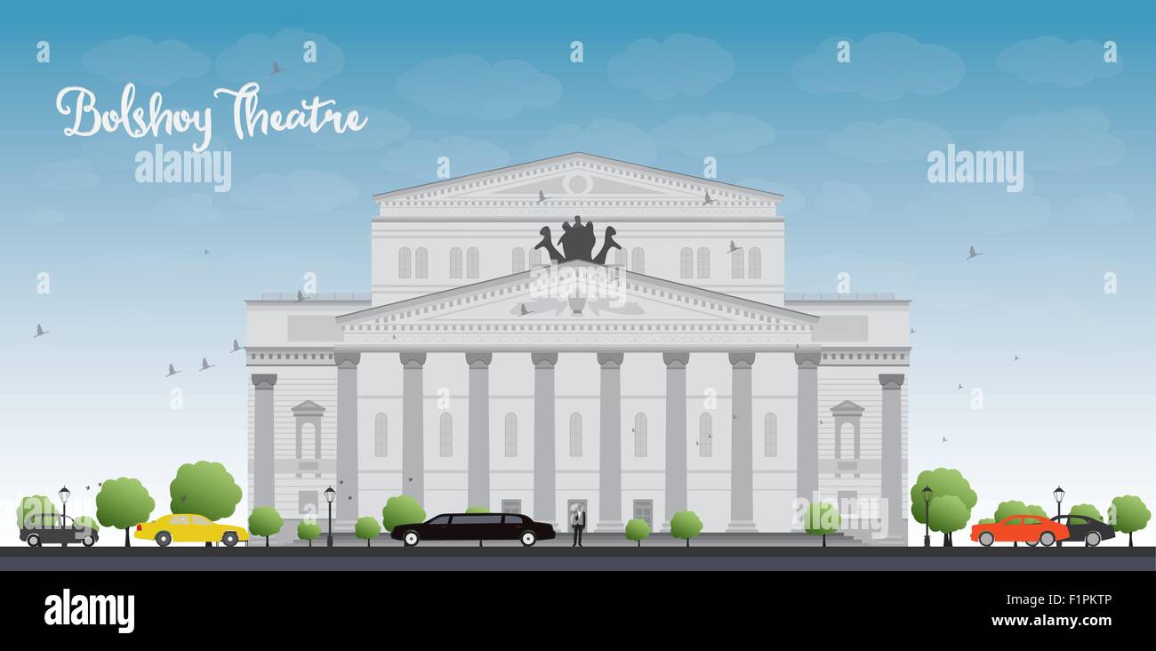 Bolschoi Theater in Moskau. Vektor-Illustration mit Autos und blauer Himmel Stock Vektor
