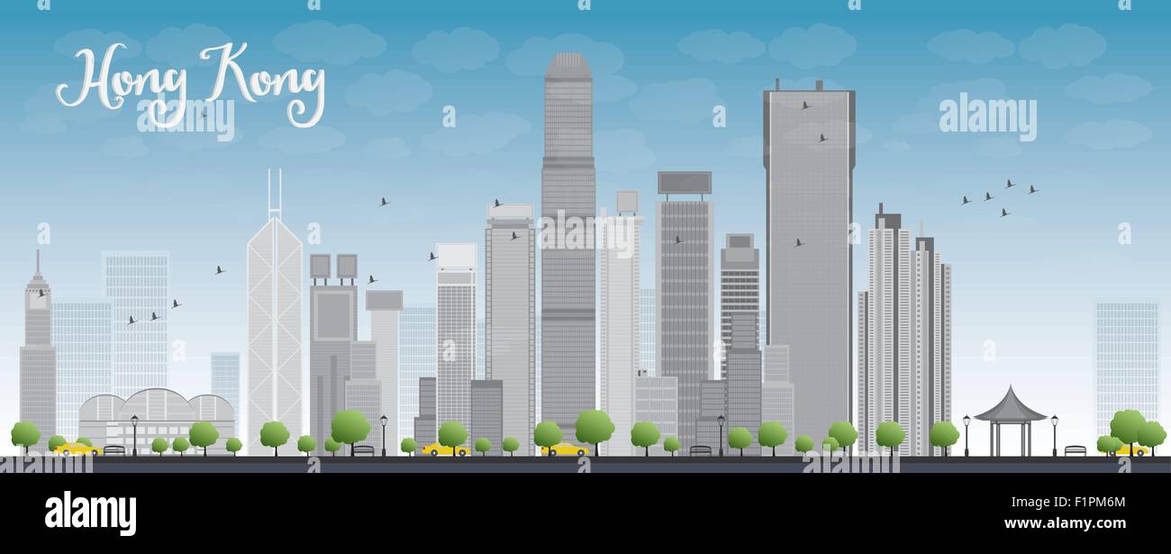 Hong Kong Skyline mit blauem Himmel und Taxi. Vektor-illustration Stock Vektor
