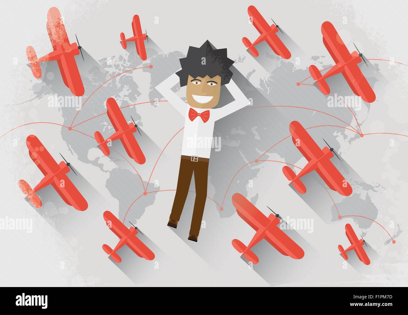 Reisen Sie Konzept Mann liegen auf der Weltkarte, umgeben von roten Flugzeug und träumen von Reisen Stock Vektor