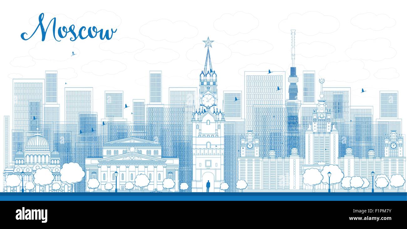 Umriss Moskau Wolkenkratzer und berühmte Gebäude in Blau Farbe Vektor-illustration Stock Vektor
