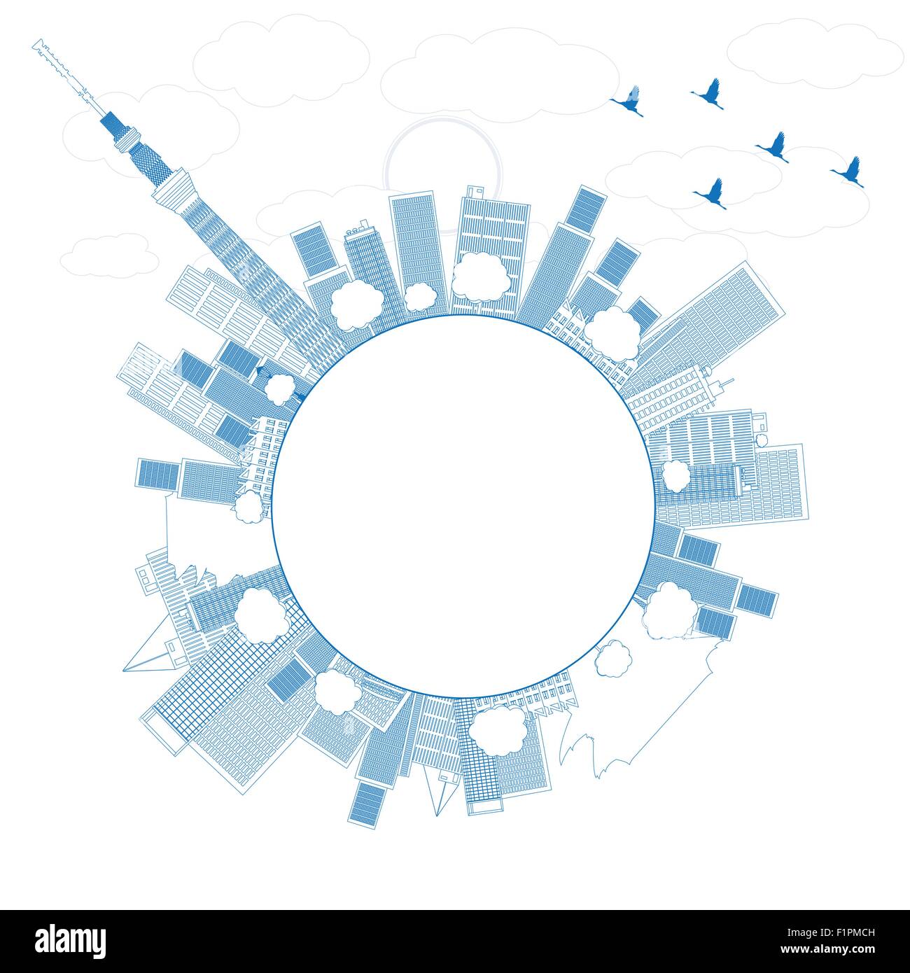 Übersicht der Tokioter Skyline mit Wolkenkratzern und Sonne Vektor-illustration Stock Vektor