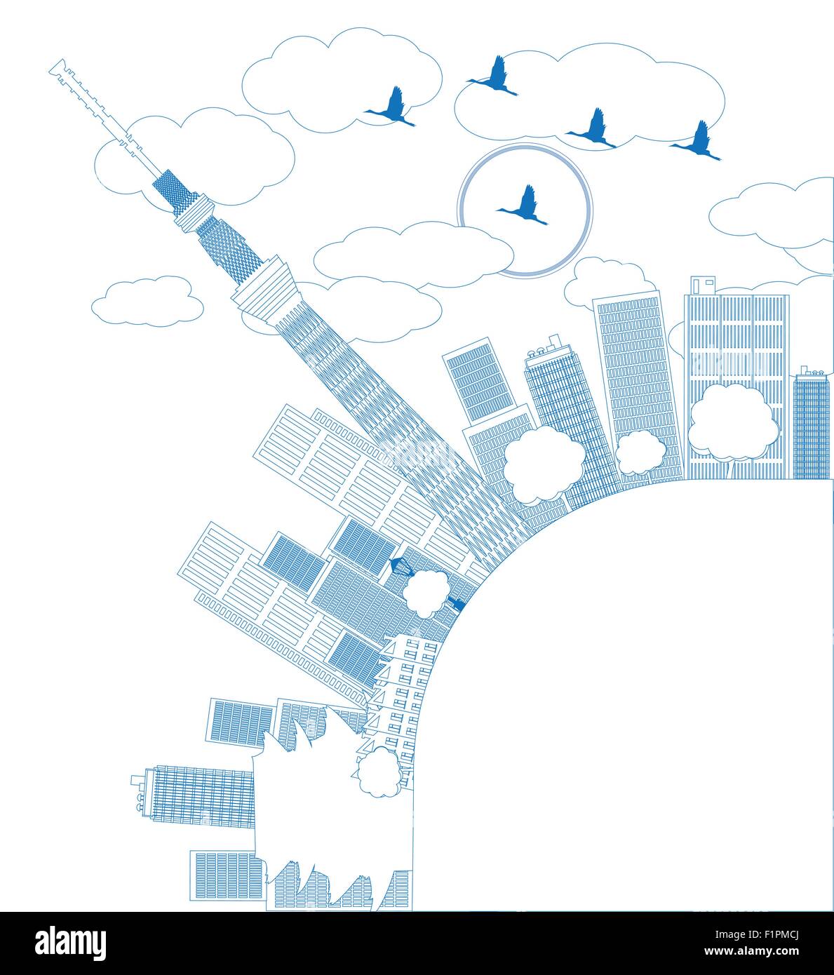 Tokioter Skyline mit Wolkenkratzern und Sonne Vektor-Illustration in blauer Farbe zu skizzieren Stock Vektor
