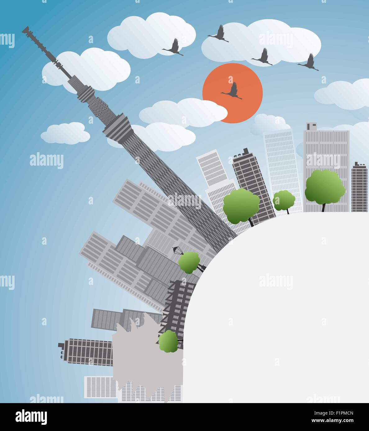 Tokioter Skyline mit Wolkenkratzern und Sonne Vektor-illustration Stock Vektor