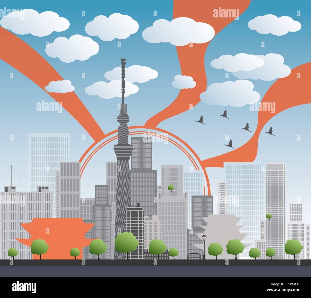 Tokioter Skyline mit Wolkenkratzern und Sonne Vektor-illustration Stock Vektor